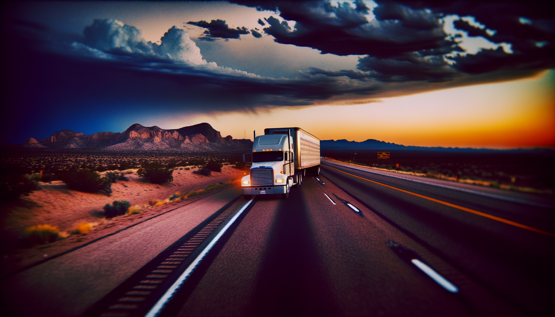 A semi-truck cresting a flat highway at dusk in the American Southwest, mountains and storm clouds on the horizon.