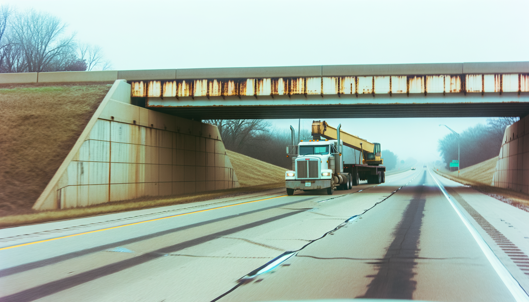 A flatbed semi carrying a yellow construction excavator approaching a low concrete railroad overpass on a foggy morning.