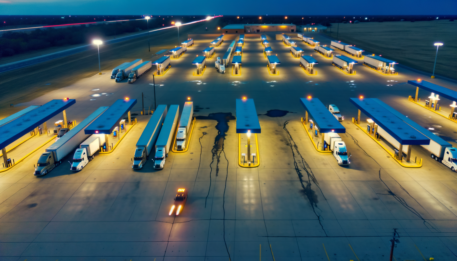 Aerial twilight view of a Loves Travel Stop in rural Oklahoma; rows of semis parked under sodium lights.