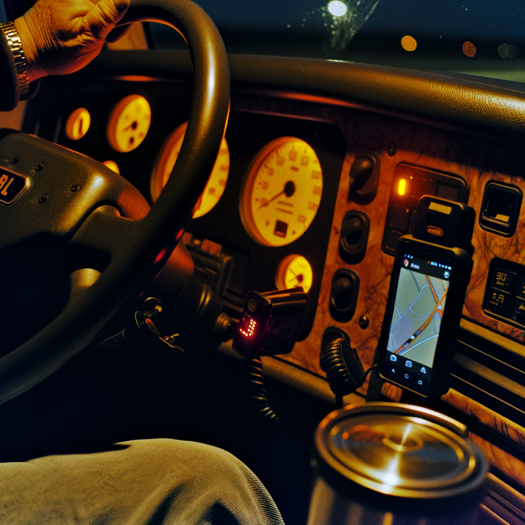 Night view from inside a Peterbilt cab; trucker's hand on the wheel, smartphone mounted on the dash, amber gauges glowing.